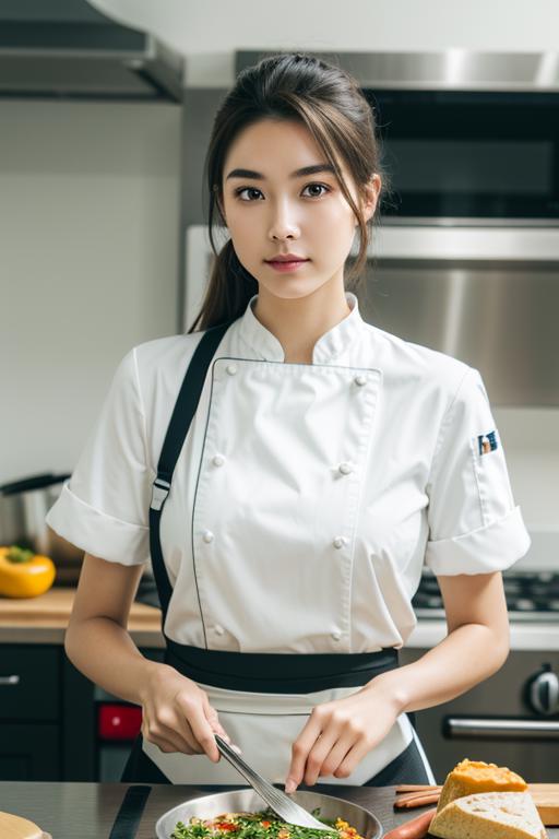 03626-1363188668-1girl,(chef_1.2),chef's uniform with apron,tied-back hair for practicality,determined and confident expression,(holding a cookin.png